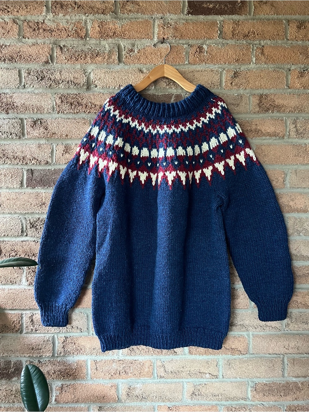 Hand Knit Fair Isle Wool Sweater Navy Nordic Alpine Oversized Pullover